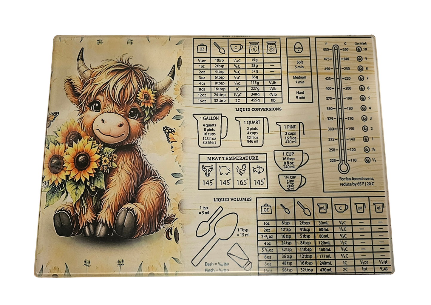 Cute Highland cow and sunflowers A4 glass chopping board