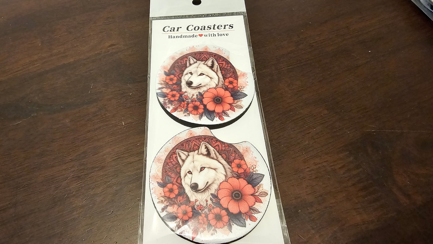 White Wolf and pink flowers car coasters