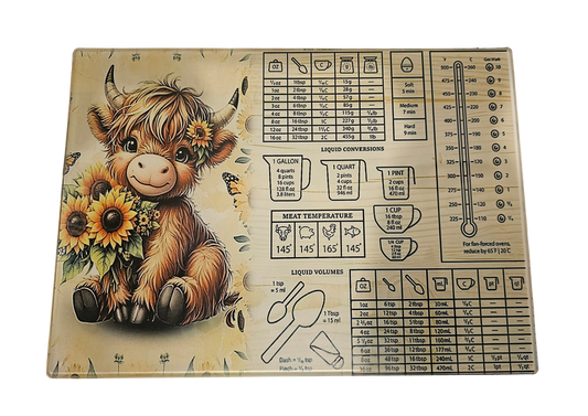 Cute Highland cow and sunflowers A4 glass chopping board