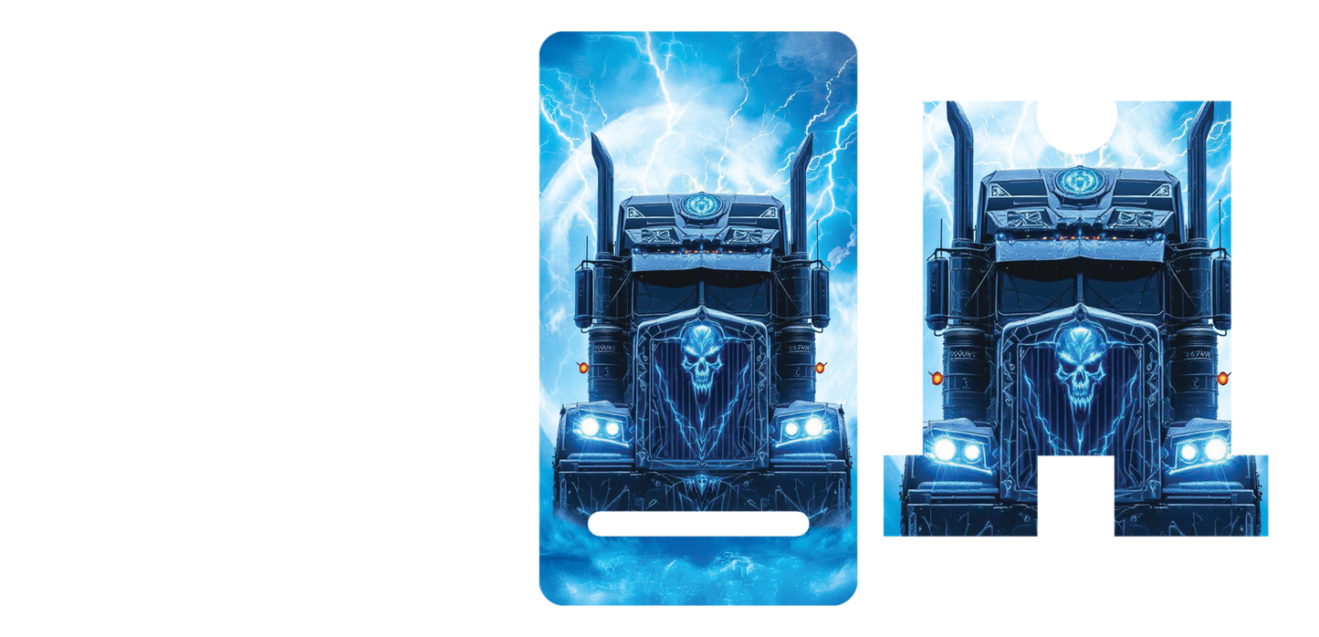 Blue truck with skull phonestand
