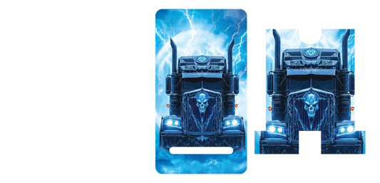 Blue truck with skull phonestand