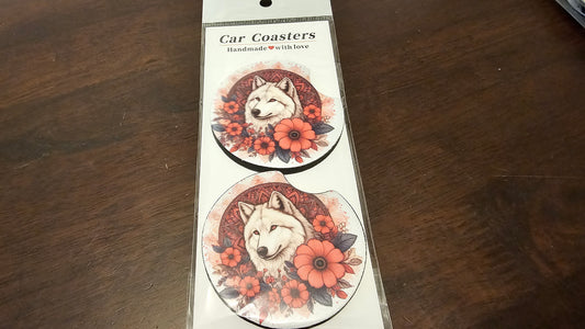 White Wolf and pink flowers car coasters